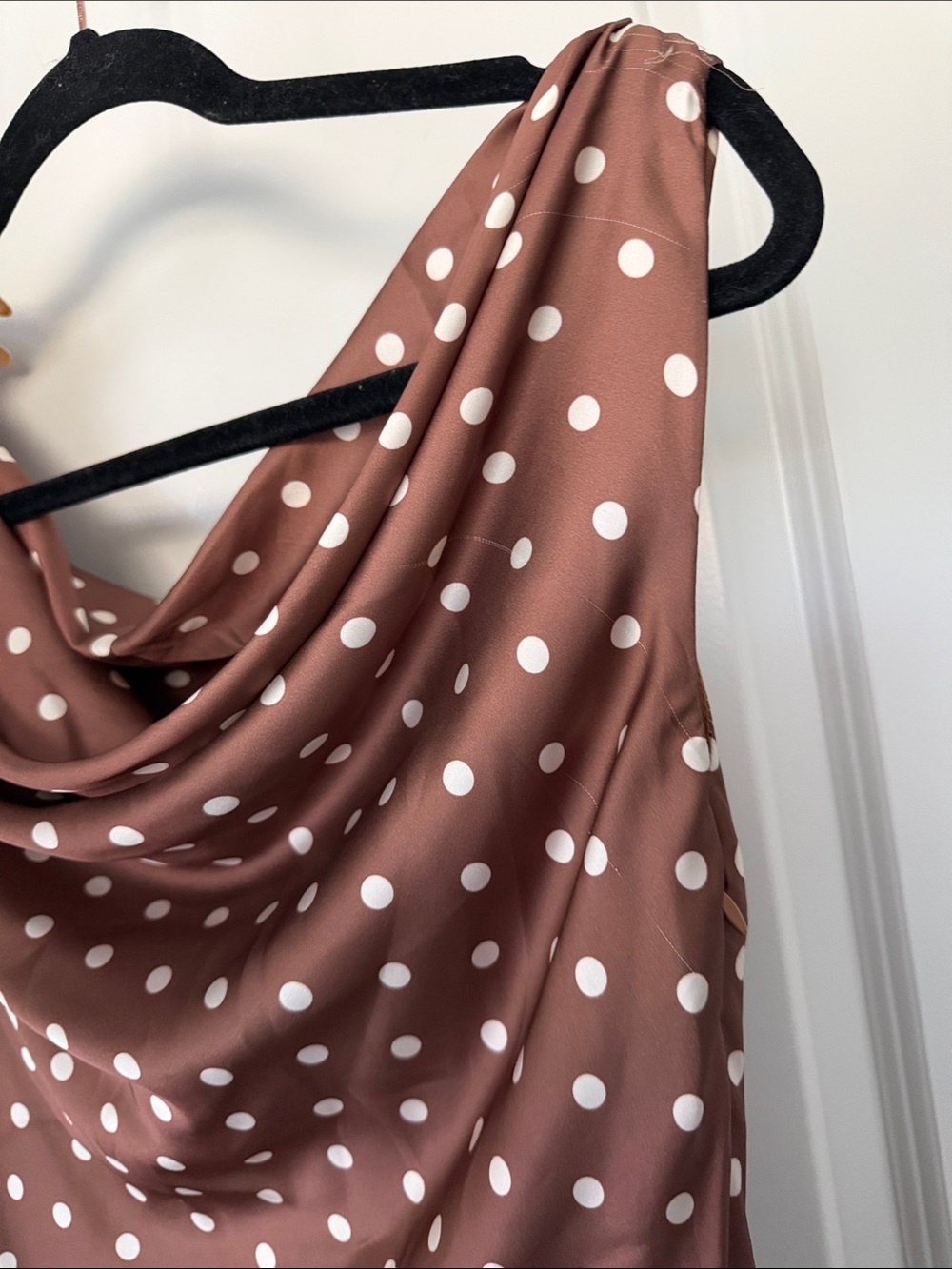 Brown Polka Dot Cowl Neck Midi Dress - Picture 8 of 15